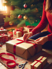 Christmas wrapping scene with cozy rug and glowing lights.Holiday gift wrapping with glowing tree and festive supplies.
