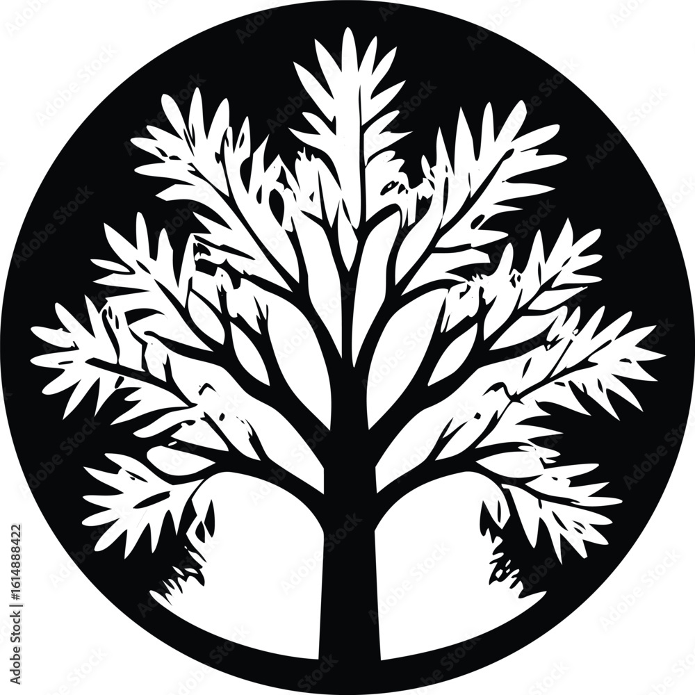Poster intricate silhouette of a stylized tree with spreading branches and foliage encased within a circula