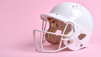 Naklejka premium White Baseball Helmet With Protective Mask Set Against Soft Pink Background Featuring Detailed Texture