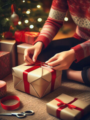 Christmas gift preparation with cozy rug and glowing lights.
Wrapping gifts with festive ribbon and decorations near tree.