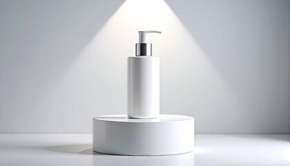White Cosmetic Bottle Displayed On Cylindrical Stand Under Soft Spotlight Against a White Background
