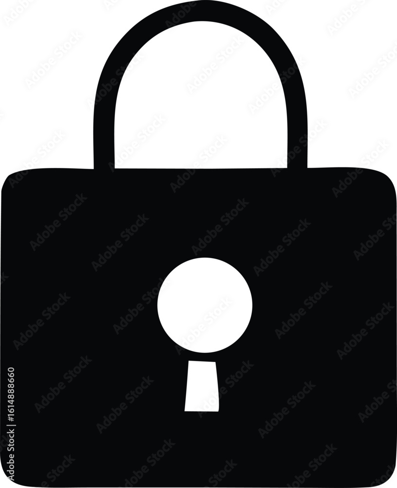 Poster simple black silhouette icon of a closed padlock with a visible keyhole representing security and pr