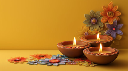 Festive Lamps and Flowers: A vibrant display of traditional clay lamps and colorful flower arrangement in front of bright background, perfect for cultural festivals.