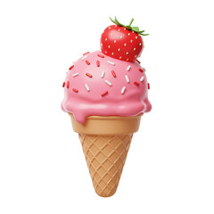 A delicious strawberry ice cream cone topped with a ripe berry and colorful sprinkles perfect for summer treats and desserts.