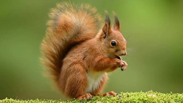An orange squirrel with a fluffy tail holds a nut on a mossy surface against a blurred green background