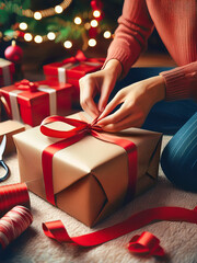 Christmas wrapping scene with cozy rug and glowing lights.
Red ribbon and wrapping paper used in holiday gift preparation.