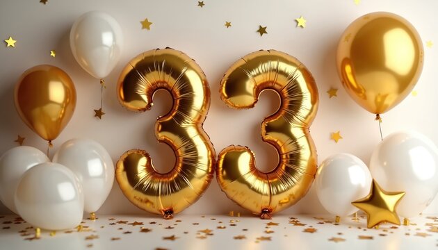 Golden number 33 balloons signify thirty third year celebration. White balloons and gold stars adorn the festive indoor studio scene, creating a joyful anniversary or birthday event.