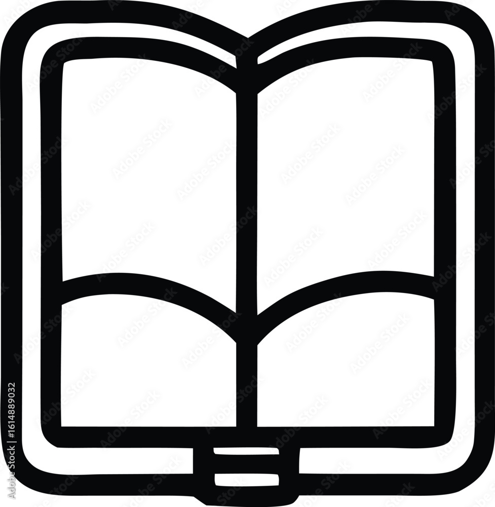 Poster simple black and white outline illustration of an open book with blank pages ready for text or desig