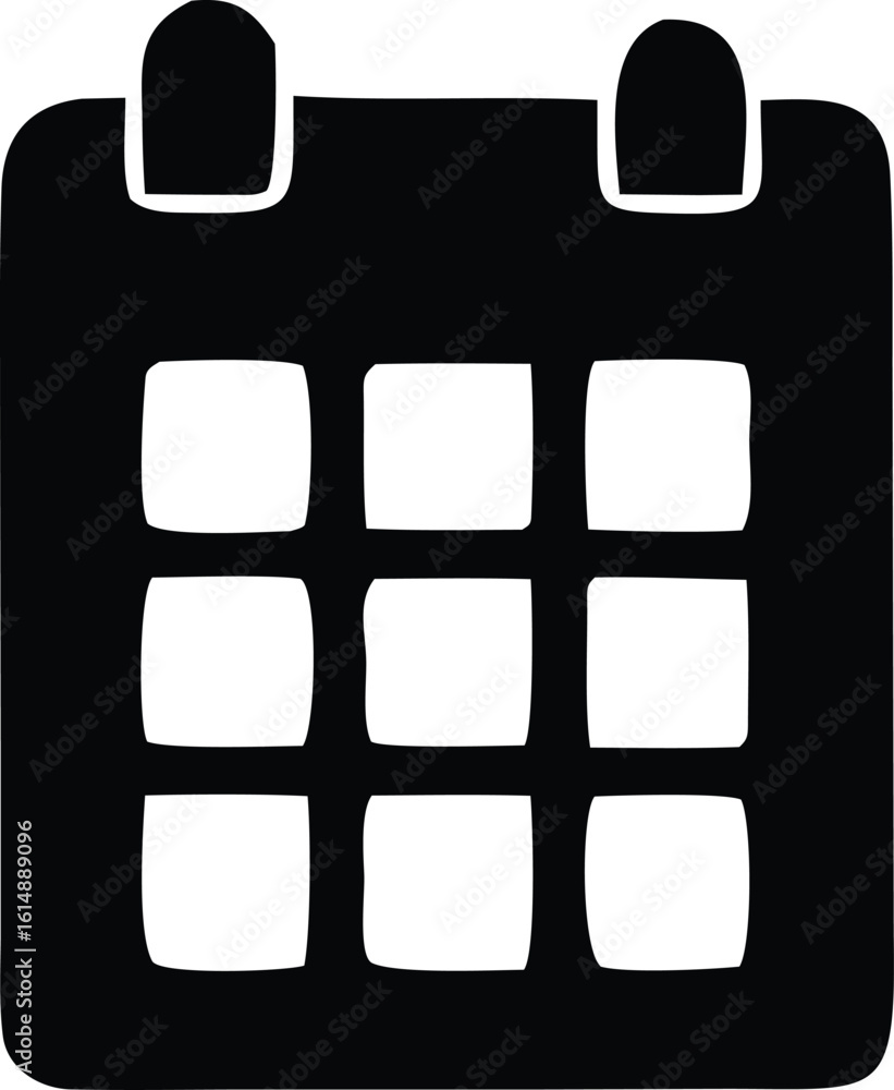 Poster a simple stylized black and white icon representing a calendar with a grid of nine squares and two r