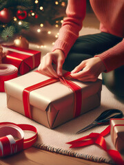 Preparing presents with scissors, tape, and holiday cheer.
Wrapping gifts with red ribbon in warm seasonal setting.
