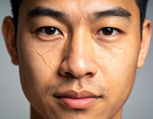 Obraz premium Close-up of a young man's face, showing prominent wrinkles and dry skin