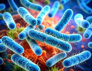 Microscopic bacteria, vibrant blue rods