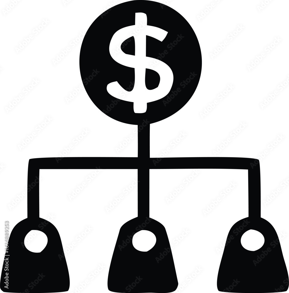 Poster conceptual illustration of a financial hierarchy or distribution system with a central dollar sign c