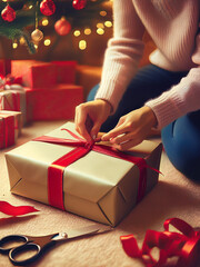 Woman wrapping gifts near glowing Christmas tree and decorations.
Festive gift wrapping with red ribbon and cozy atmosphere.