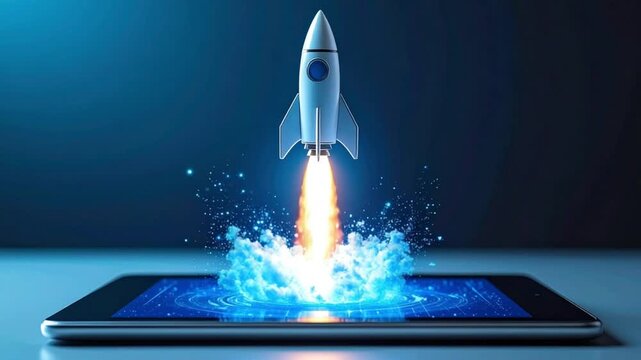 Rocket launching from a tablet screen against a blue background with a play button overlayed