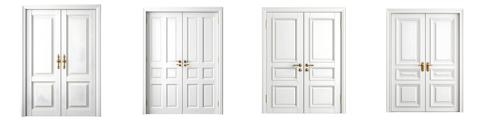 Set of Four White Double Doors on White Background