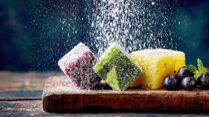 Frozen fruity treats with powdered sugar on wooden board