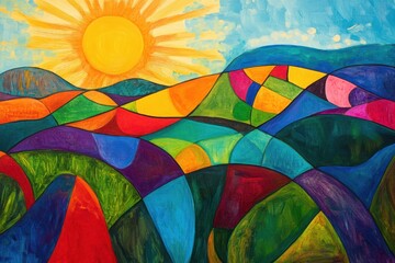 Fototapeta premium Vibrant abstract landscape with sun and rolling hills colorful