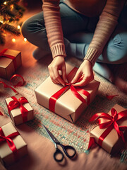Cozy holiday gift wrapping with red ribbon and festive tools.
Preparing Christmas presents with glowing tree and decorations.