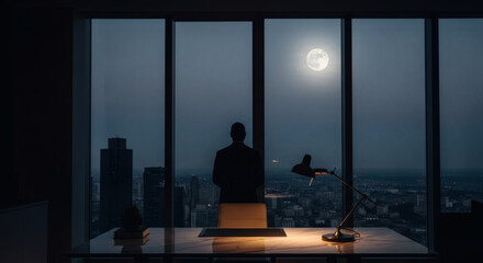 Silhouette of a pensive businessman standing in a dark office, looking out the window at a full moon over the modern city at night.