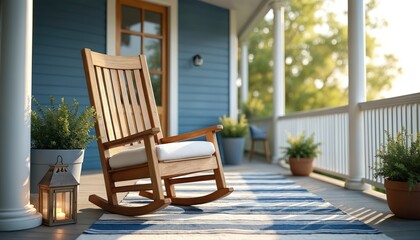 Wooden rocking chair with white cushion on striped rug on blue porch. Outdoor furniture, potted plants, lantern with candle create cozy, relaxing summer atmosphere.