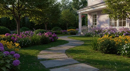 Obraz premium Serene Garden Path Leading to a Charming House with Lush Floral Borders