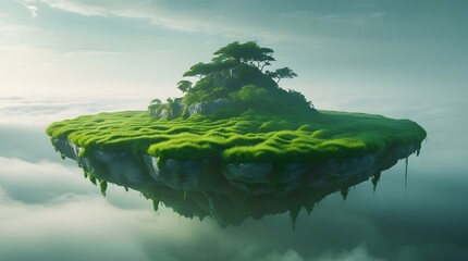 Surreal Floating Island with Green Grass in Fog – Fantasy Landscape Background. A lush green floating island with grass and moss hovering above soft clouds, set in a surreal fantasy environment.