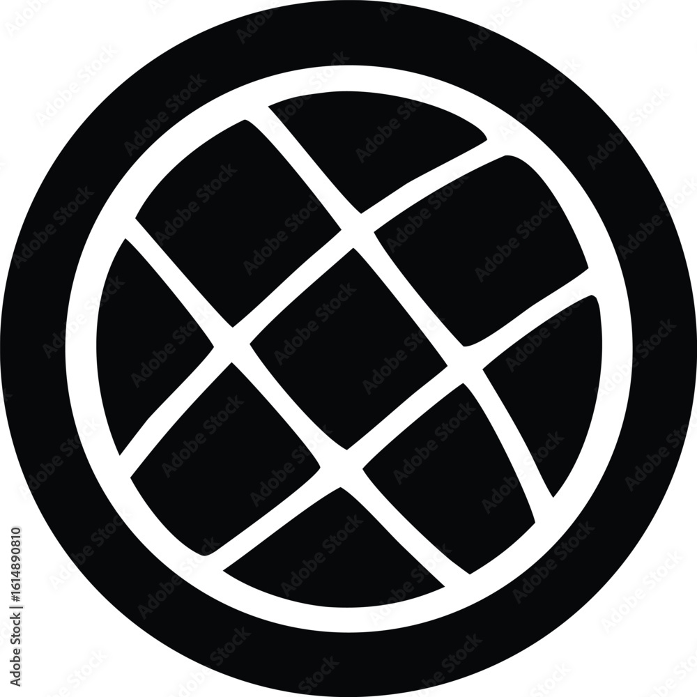 Poster abstract circular emblem featuring a stylized grid pattern with intersecting lines on a black backgr
