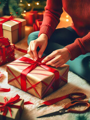 Wrapping gifts with festive paper and ribbon near Christmas decorations.
Joyful holiday moment of wrapping presents on cozy floor.