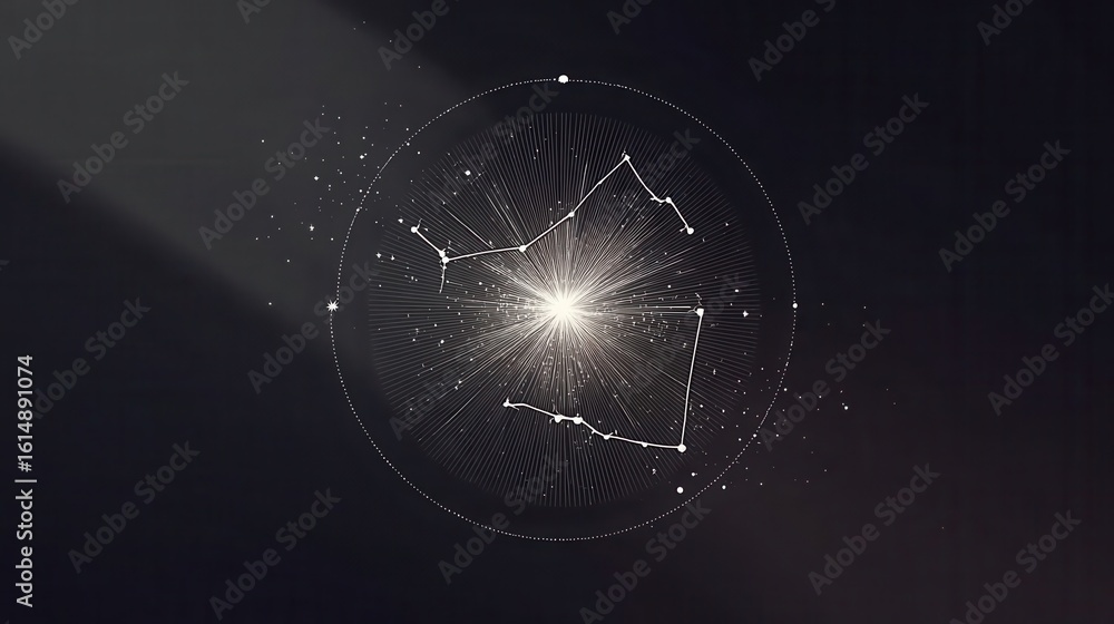 Poster abstract graphic design with radiating lines and dots.