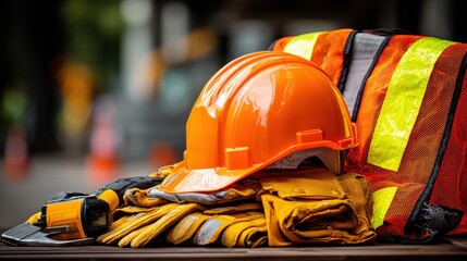 Safety Gear Arrangement for Construction Site Featuring Hard Hat, Gloves, and High-Visibility Vest for Workers