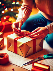 Holiday preparations with red ribbon, scissors, and glowing tree.
Wrapping gifts with festive paper and ribbon near Christmas decorations.