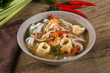 Vietnamese Pho Bo soup with seafood