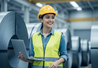 A smiling woman in a hard hat and safety vest holds a laptop