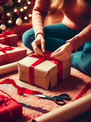 Hands tying bow on present surrounded by festive wrapping supplies.
Cozy Christmas scene with woman wrapping gifts on soft rug.

