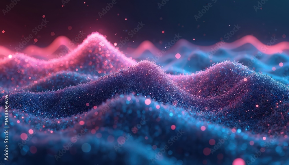 Poster abstract digital art glowing particles forming waves of blue, pink. ai-generated image represents da