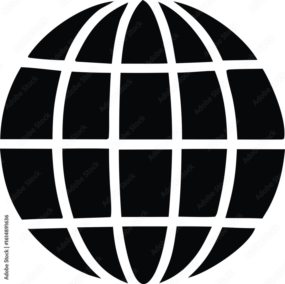 Poster a stark black and white graphic illustration of a stylized globe with a grid of intersecting lines r