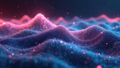Abstract digital art glowing particles forming waves of blue, pink. Ai-generated image represents data flow, technology, cyberspace networks. Dynamic light effects create depth, movement, suggesting