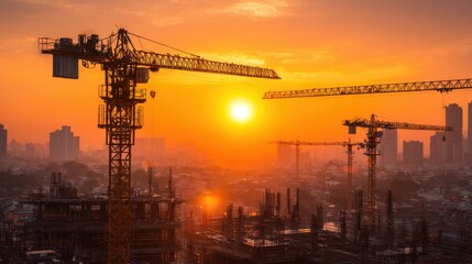 Construction site with cranes silhouetted against vibrant sunset in urban landscape, showcasing industrial growth and development