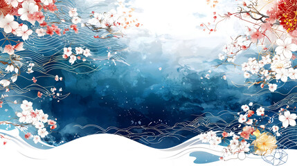 Floral blooms and water. Delicate cherry blossoms in white and pale pink,  frame a deep blue water scene.  Soft watercolor washes