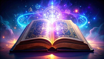 Glowing ancient book open, magical symbols and cosmic energy emanate