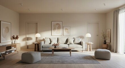 Fototapeta premium Serene Living Room Interior with Neutral Tones and Modern Art