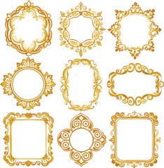 Collection of nine ornate golden decorative frames and borders with intricate vintage flourishes and elegant baroque designs for graphic elements