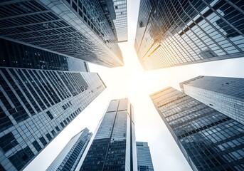 Fototapeta premium Below are skyscrapers viewed from below against a bright sky
