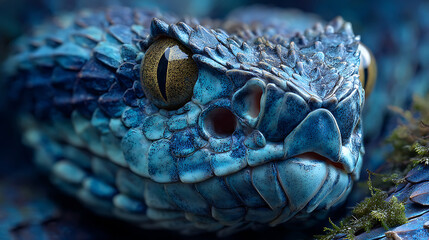 Fototapeta premium A striking closeup of a blue vipers head reveals its intricate scales and intense gaze