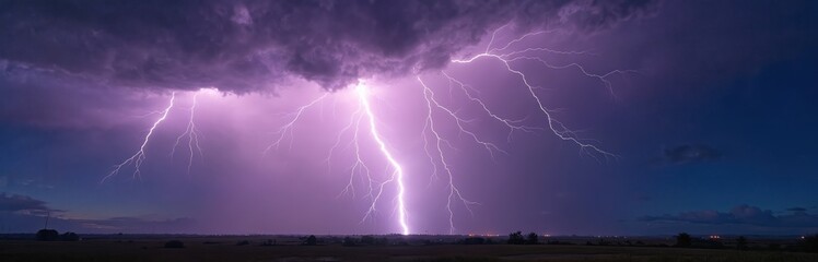 Electric blue, violet storm sky features intense lightning flashes, electrical discharge. Powerful purple bolts illuminate dramatic clouds. Stormy night sky captures fierce energy, natural power,