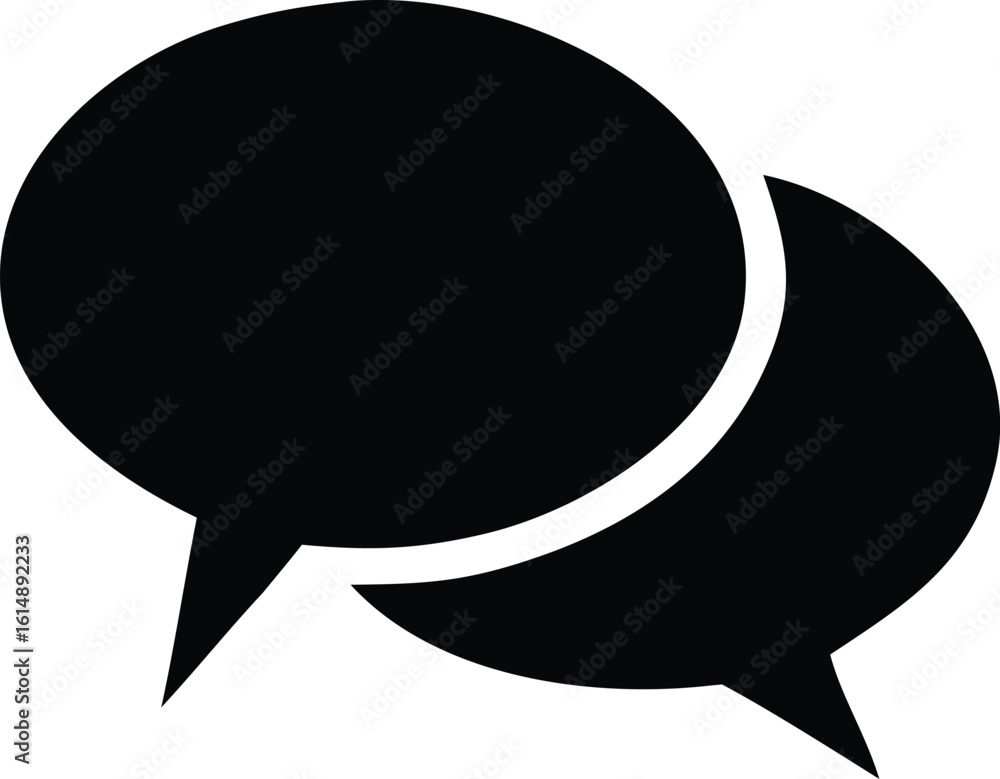 Poster two overlapping black speech bubbles symbolizing conversation communication and dialogue in a simple