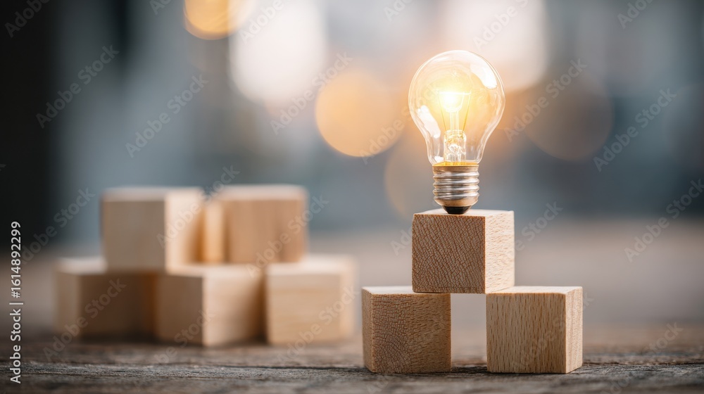Poster light bulb on wooden blocks illuminating creative ideas and inspiration for innovation and problem s