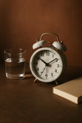 Naklejka premium A vintage alarm clock sits beside a glass of water and a book, evoking a sense of time and daily routines. The composition exudes a calming and peaceful atmosphere.