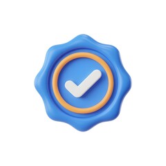 Verified badge with checkmark in blue and yellow design, isolated on white background
